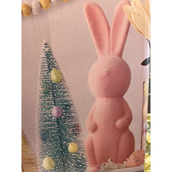 2 Flocked Bunnies Rabbits And 3 Bottlebrush Trees w Egg 5pc...